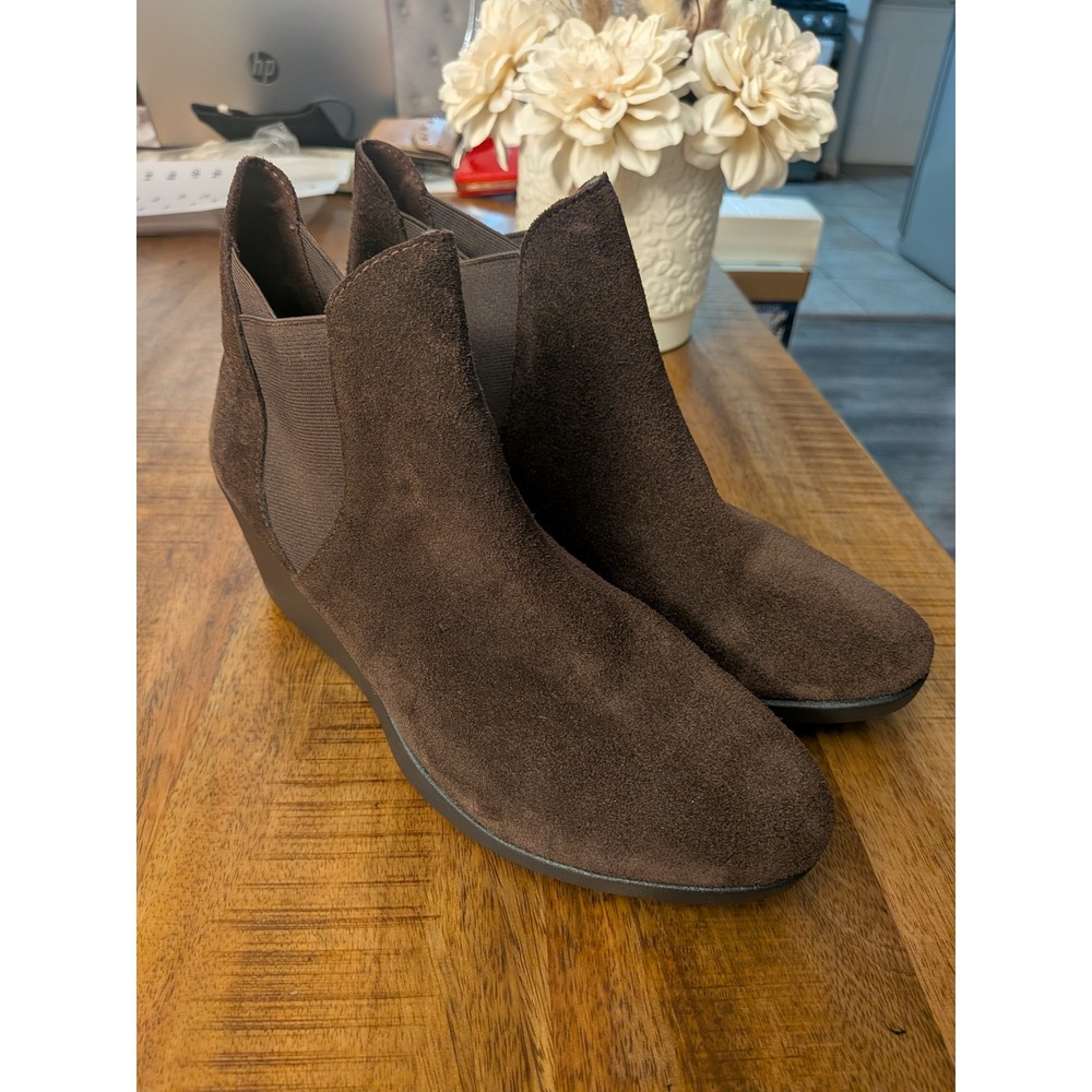 Crocs Leigh Suede Wedge Bootie Espresso Brown Ankle Boots 205338 Womens 10